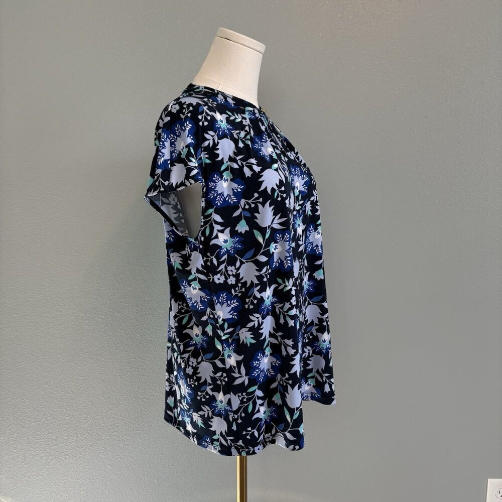 Liz Claiborne Women's Large Blue Floral Soft Stretch Work Causal Cap Sleeve Top - Picture 7 of 9
